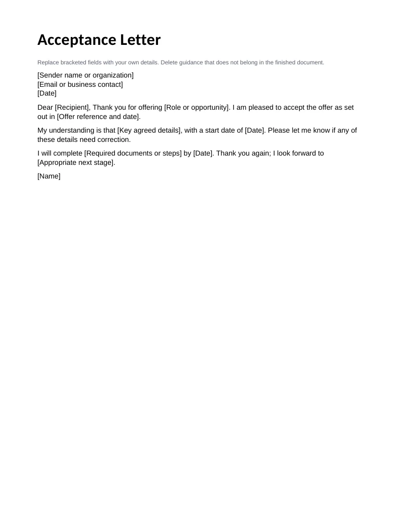 Modello di lettera di accettazione — Anteprima del file di esempio in inglese