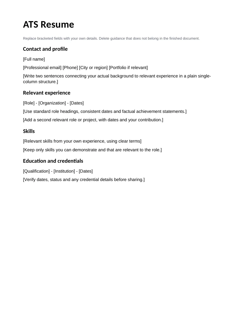Template ng ATS Resume — Preview ng halimbawang file sa Ingles