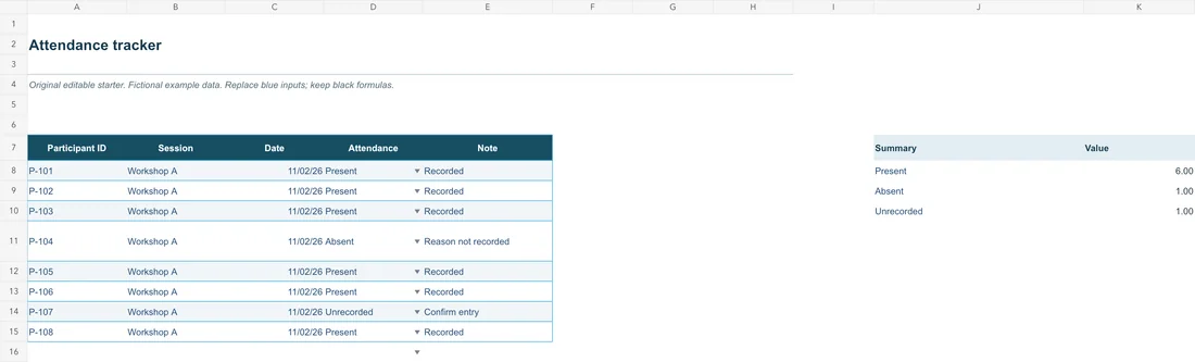 Registro presenze — Anteprima del file di esempio in inglese