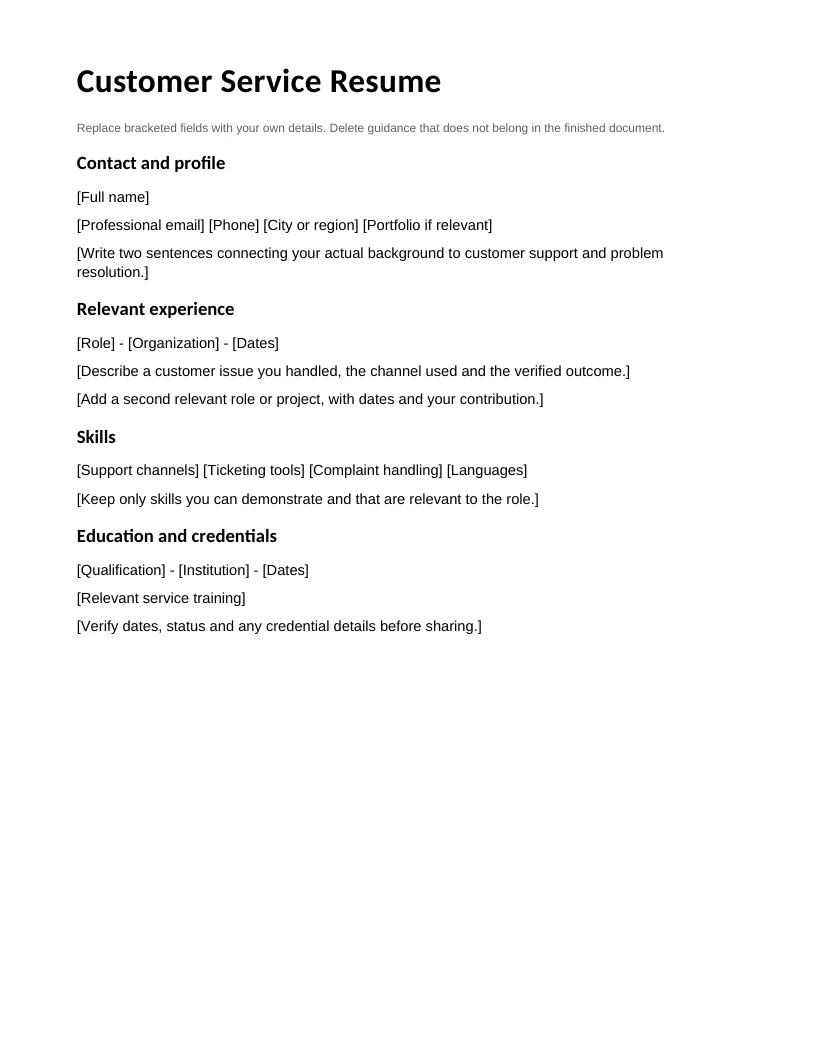 Template ng Resume para sa Customer Service — Preview ng halimbawang file sa Ingles