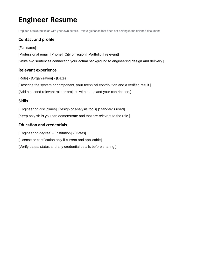 Template ng Resume para sa Engineer — Preview ng halimbawang file sa Ingles