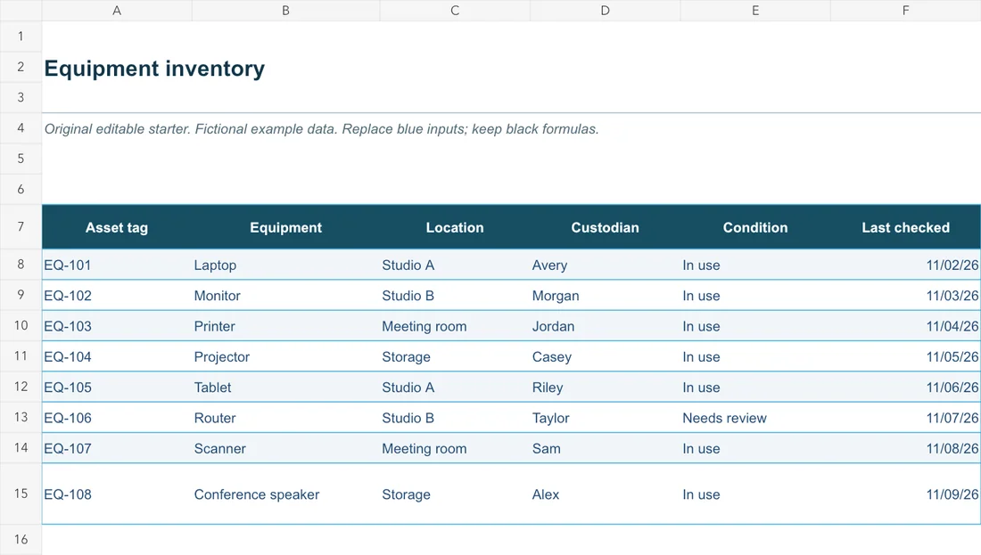Inventario delle attrezzature — Anteprima del file di esempio in inglese