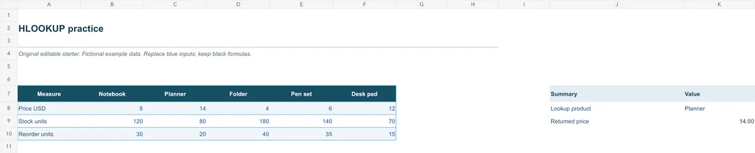تدريب HLOOKUP — معاينة نموذج باللغة الإنجليزية