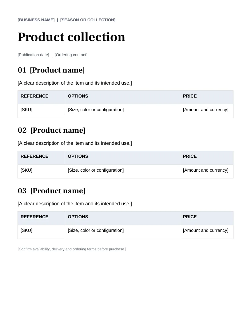 Produktkatalog-Vorlage — Vorschau der englischen Beispieldatei
