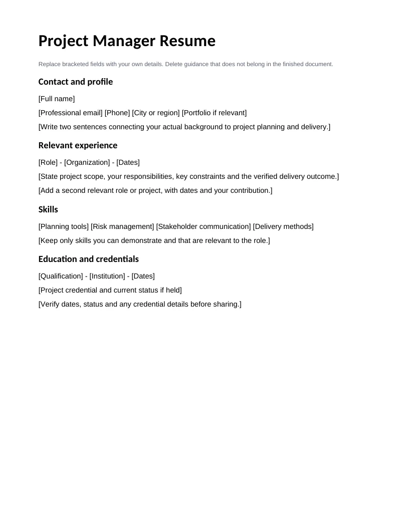 Template ng Resume para sa Tagapamahala ng Proyekto — Preview ng halimbawang file sa Ingles