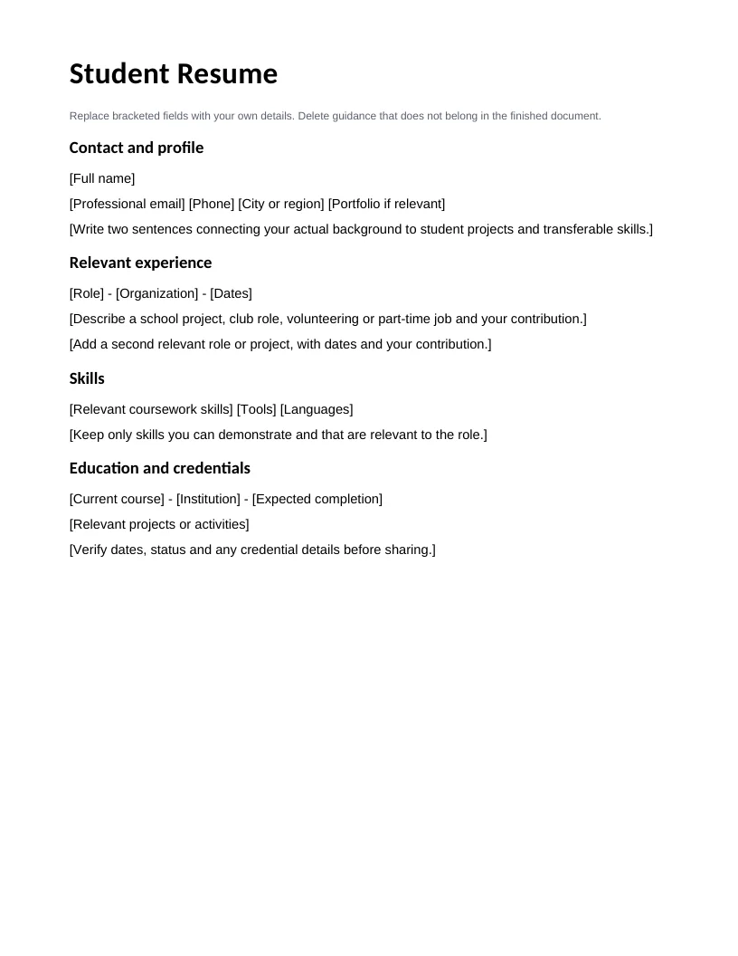 Student Resume — English starter preview