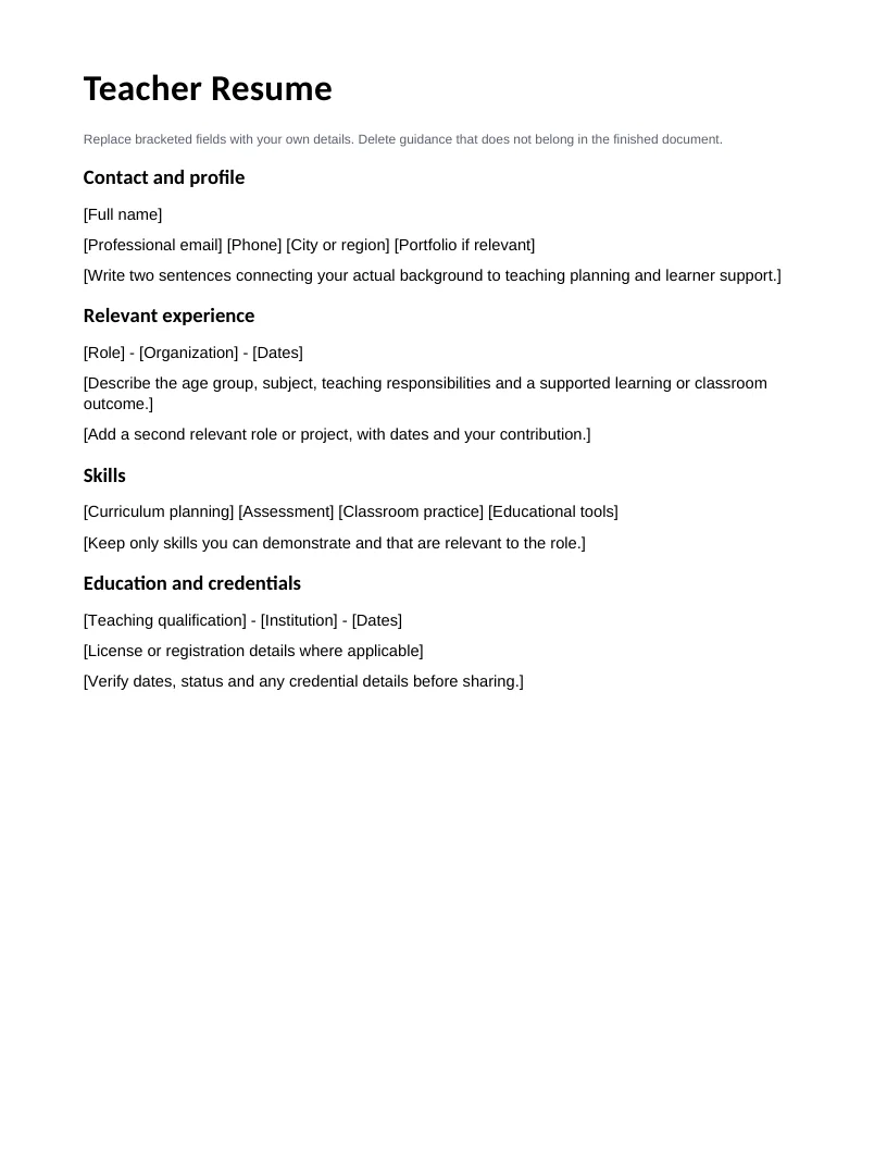 Template CV Guru — Pratinjau contoh berbahasa Inggris